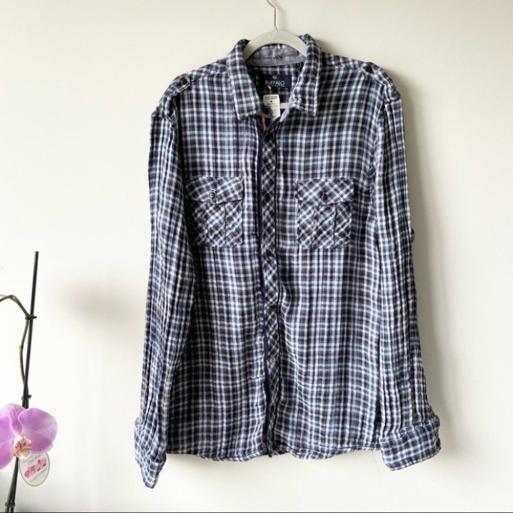 Buffalo David Bitton Navy and White Plaid Button-Up Shirt